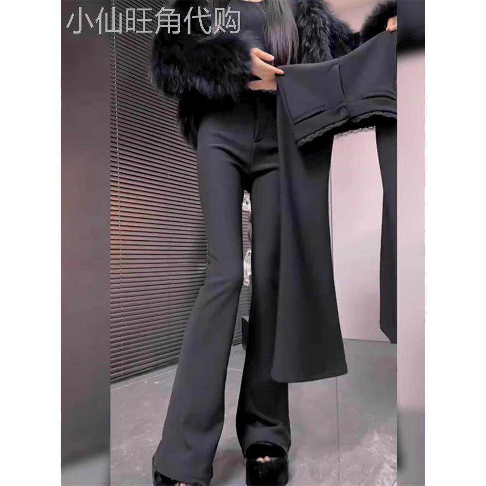黑色微喇西装裤女2025秋冬新款蕾丝拼接高腰显瘦加绒拖地喇叭裤子