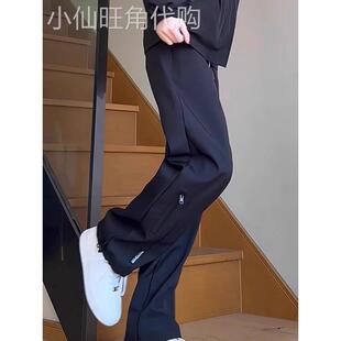 黑色高腰工装阔腿裤女秋冬新款美式显瘦休闲小个子窄版直筒运动裤