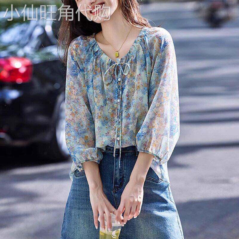 法式碎花雪纺衫女夏短袖2026新款文艺复古小衫宽松V领七分袖上衣