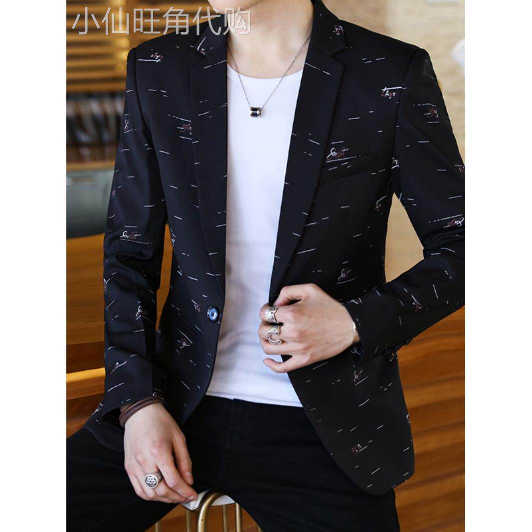 西服男休闲韩版帅气百搭修身小西装春季新款青年印花外套痞帅单西