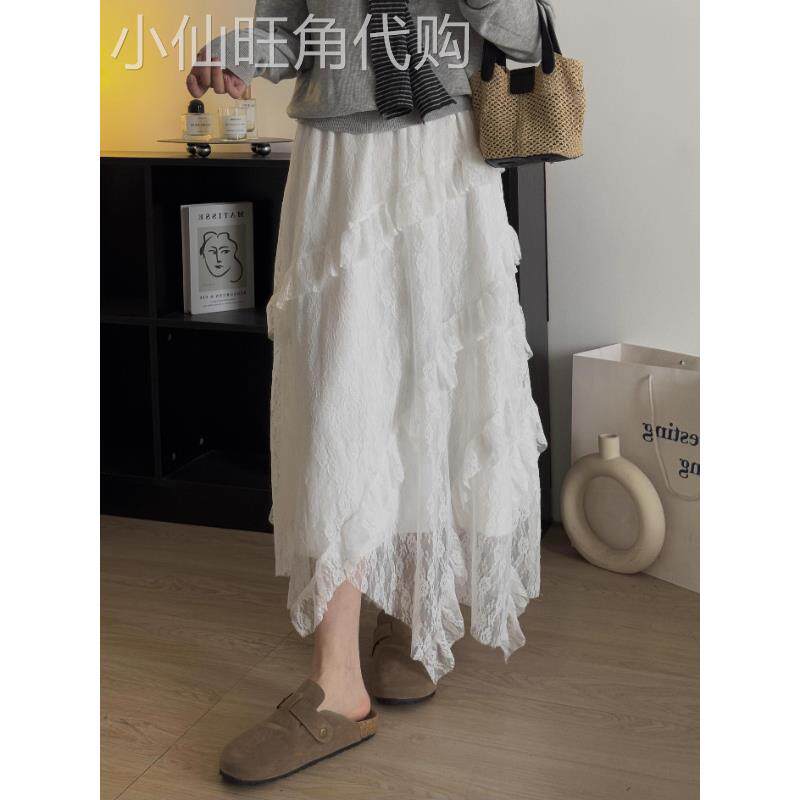 法式高级感不规则白色蕾丝半身裙女秋季新款小个子蛋糕裙a字伞裙