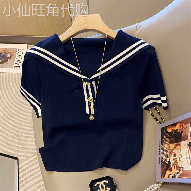潮牌海军领短袖t恤女夏季薄款2026新款设计感小众时尚减龄针织衫