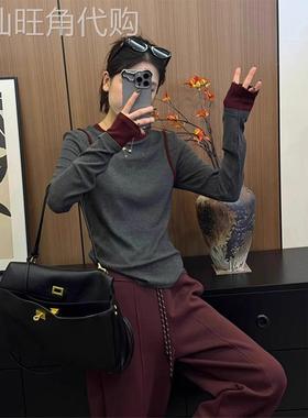 灰色圆领长袖假两件T恤女秋冬欧货撞色修身显瘦内搭打底衫上衣