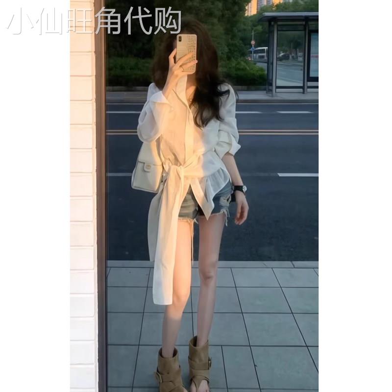 白色长袖收腰绑带衬衫女春秋欧货新款气质绝美不对称通勤衬衣上衣