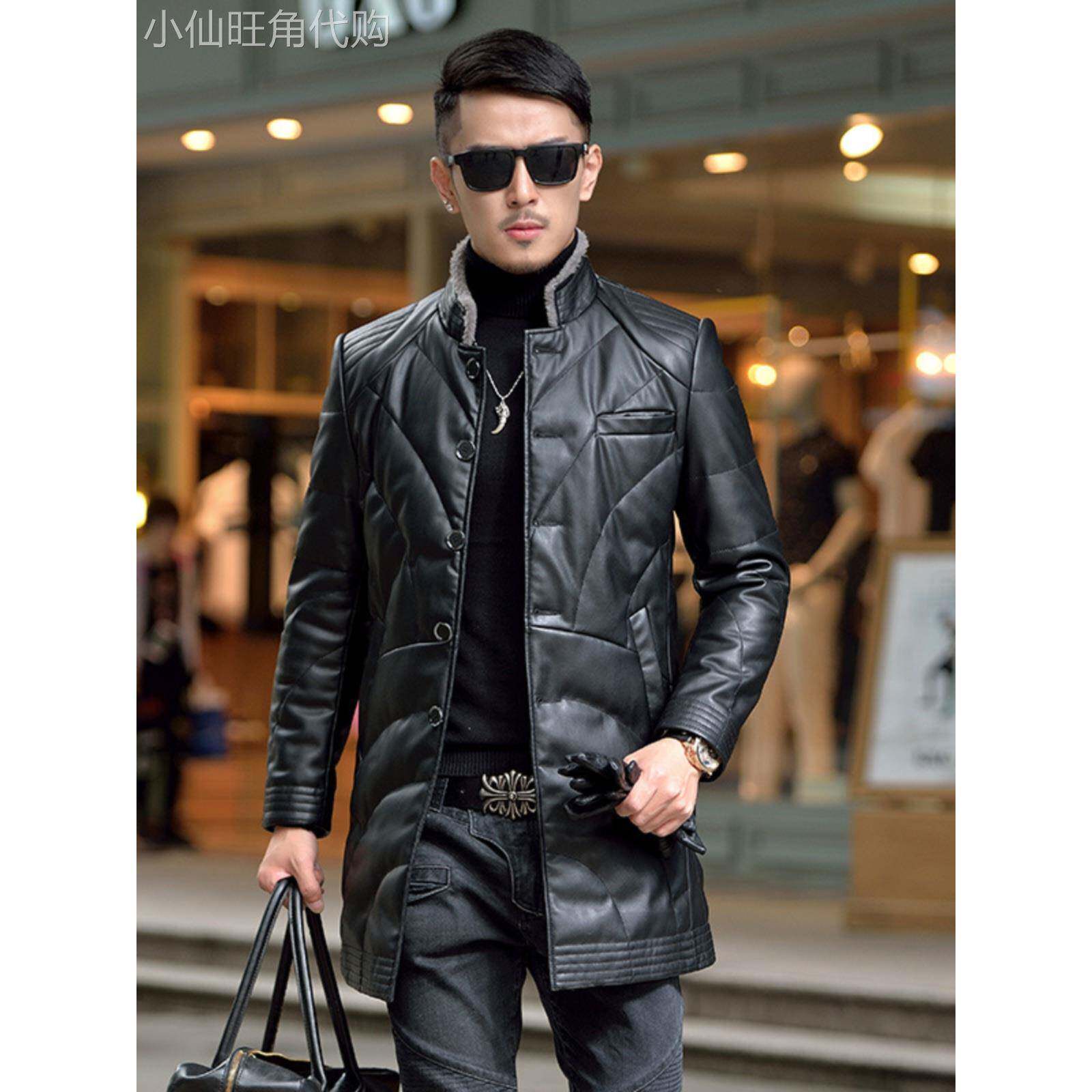 冬季海宁立领皮羽绒服男中长韩式修身真皮风衣中青年男茄克