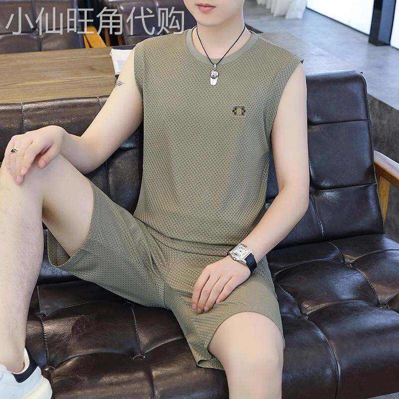 高端冰丝短裤背心休闲套装男士2026新款夏季无袖T恤搭配一套男款