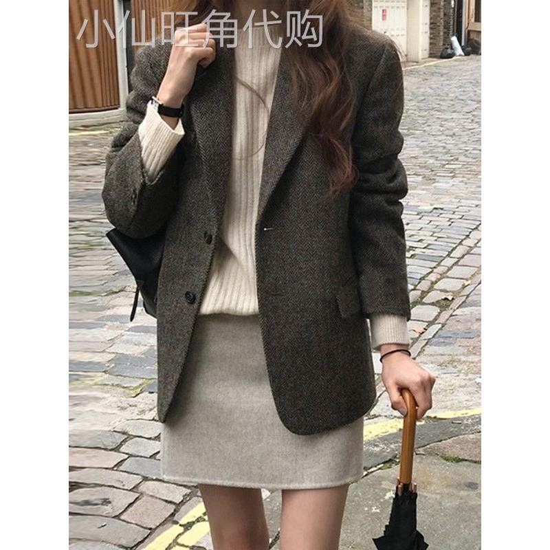 香港网红羊毛呢小西装外套女士秋冬韩版宽松人字纹格子英伦风西服