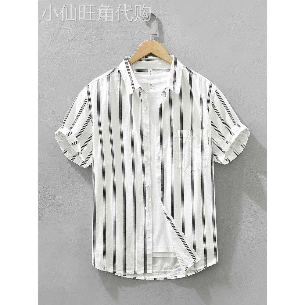 高端垂直条纹短袖衬衫为男子夏季2025新白色薄冰丝绸透气衬衫为男