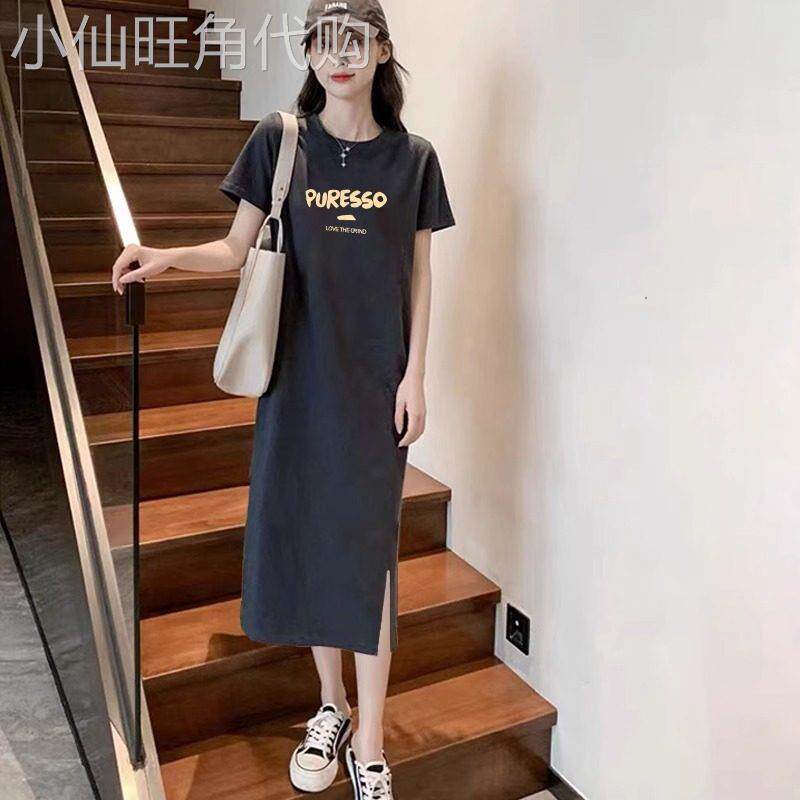 灰色短袖洋装2025新款夏季薄款小个子宽松中长版开 叉T恤直筒裙