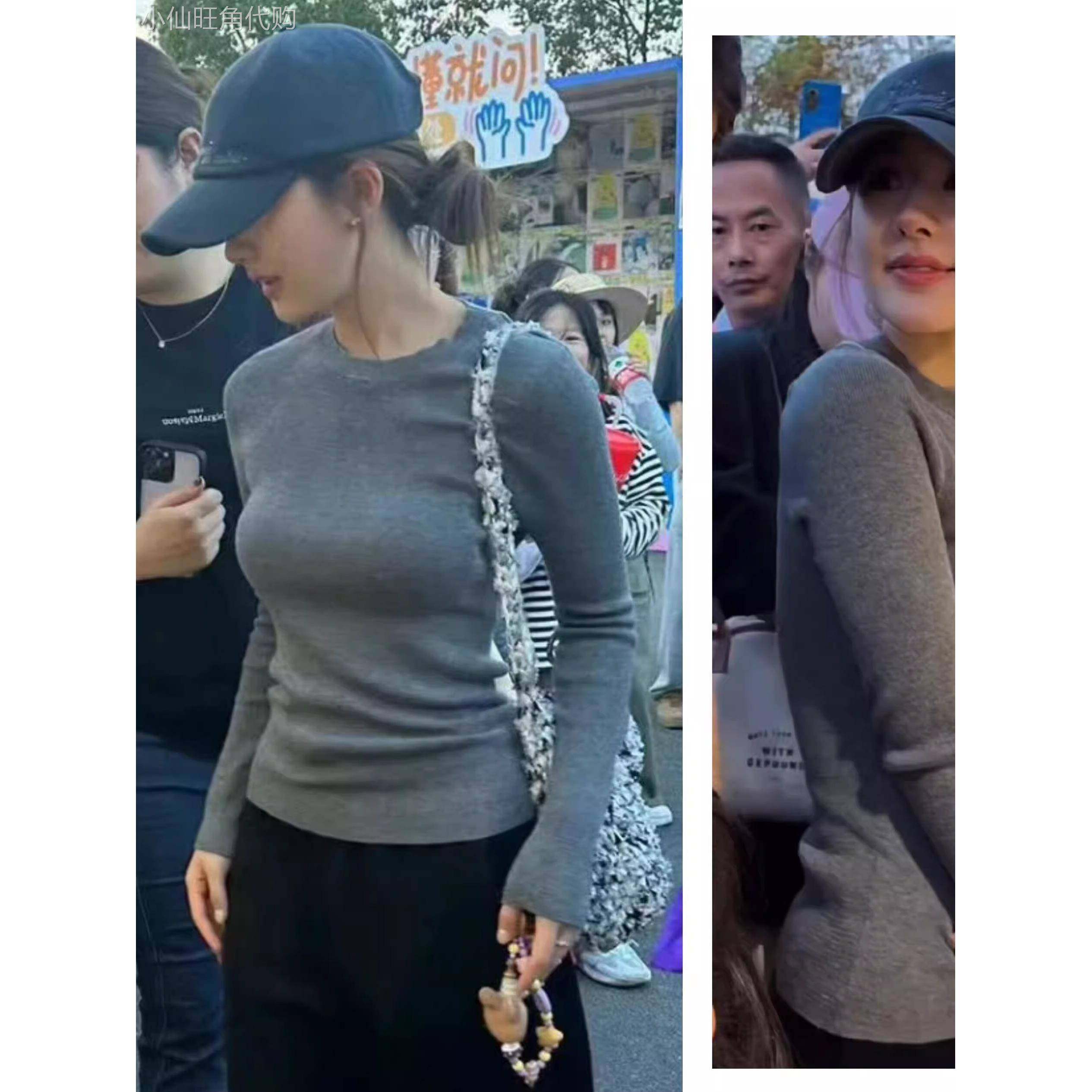 赵露思同款秋冬款浅灰色针织衫长袖圆领修身显瘦内搭打底女毛衣