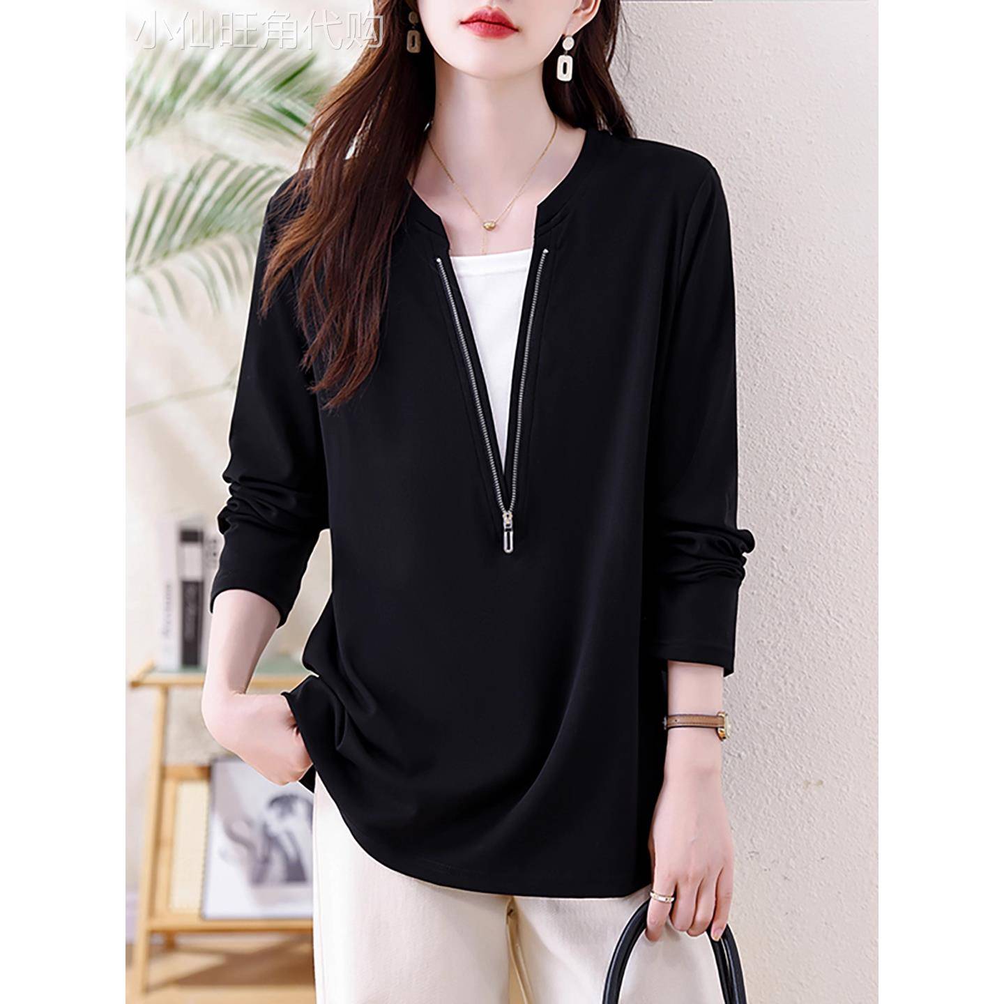 韩版休闲假两件长袖T恤女2025年秋季新款打底衫欧货大码黑色上衣