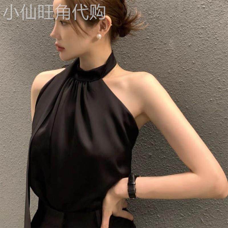 性感挂颈背心吊带女2025夏季新款气质飘带设计感美背缎面无袖上衣