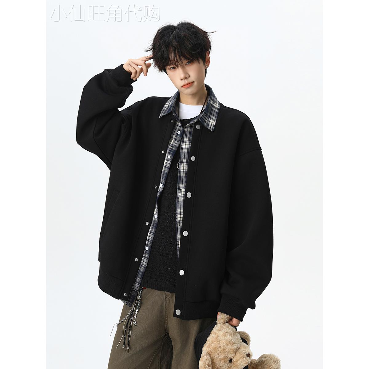 it neith BIAS潮牌美式假两件格纹拼接卫衣男重磅空气层夹克外套