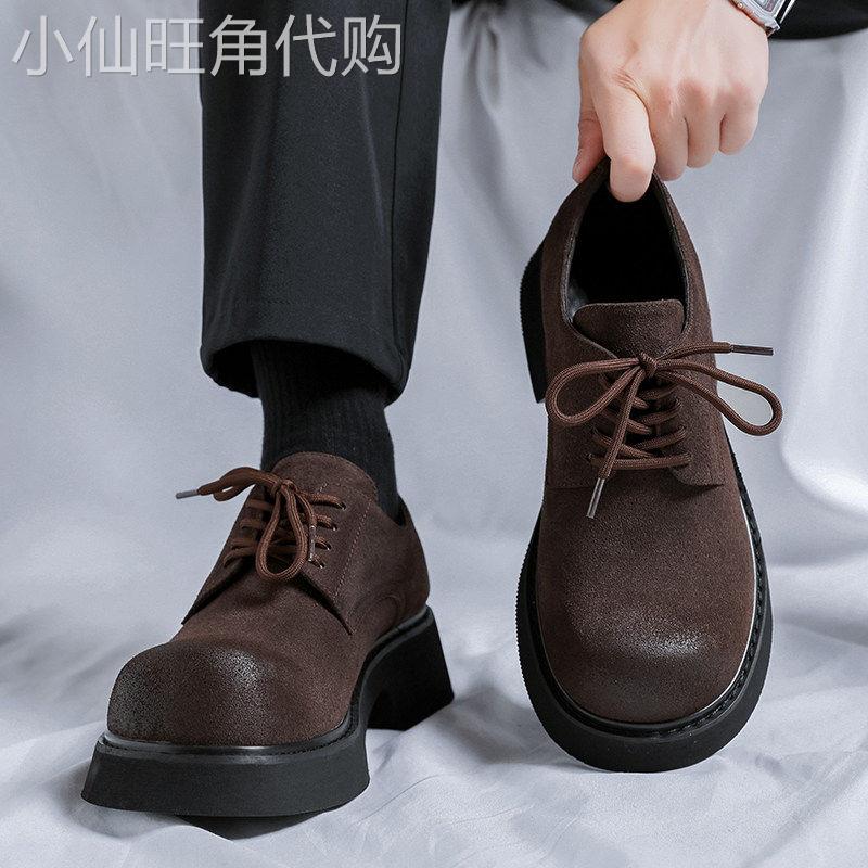 【高品质】大头皮鞋男款厚底增高磨砂皮复古英伦风圆头休闲皮鞋男