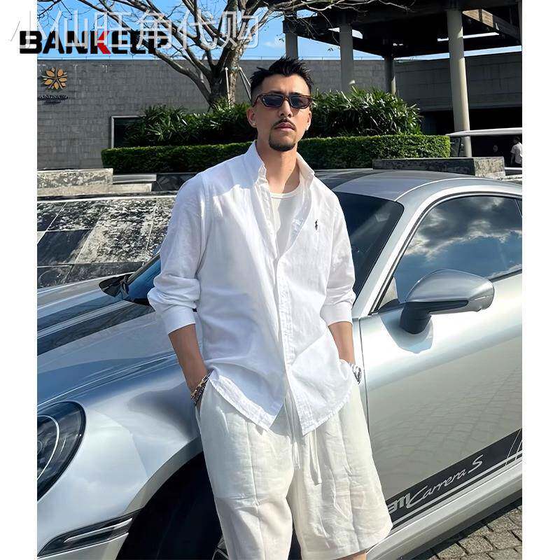 白色刺绣亚麻衬衫男士2026新款松弛感轻薄防晒长袖衬衫男款外套潮
