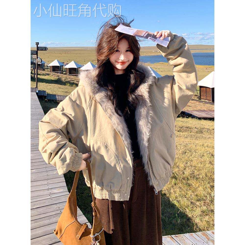 卡其色座山雕毛领连帽夹棉外套女2025冬季美式短款加厚工装夹克