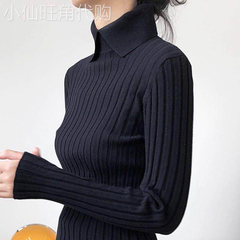 黑色翻领针织衫女秋冬欧货POLO衫娃娃领毛衣百搭修身显瘦洋气上衣