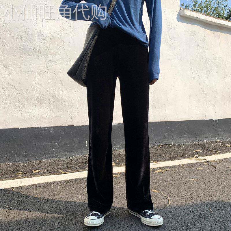 黑色金丝绒窄版阔腿裤子女裤2025秋冬新款高腰垂感加绒直筒小个子