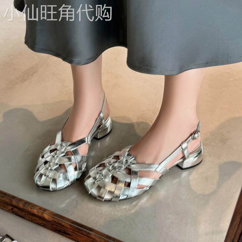 仙女之泪~韩版ins包头罗马凉鞋女夏新款海边度假风编织镂空猪笼鞋