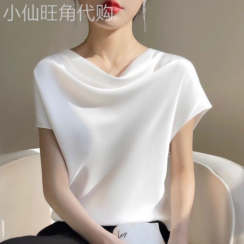 缎面短袖t恤女夏季2026新款法式高级气质显瘦高领冰丝醋酸上衣