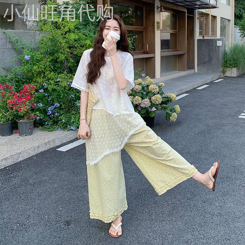 日系少女感百搭套装裙女2026年夏季蕾丝绣花上衣木耳边印花阔腿裤