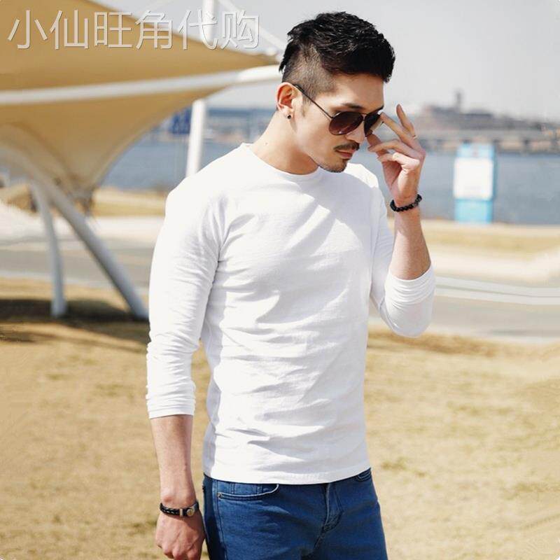 潮牌秋冬季男士韩版纯棉休闲打底衫2025新款潮流修身圆领长袖T恤