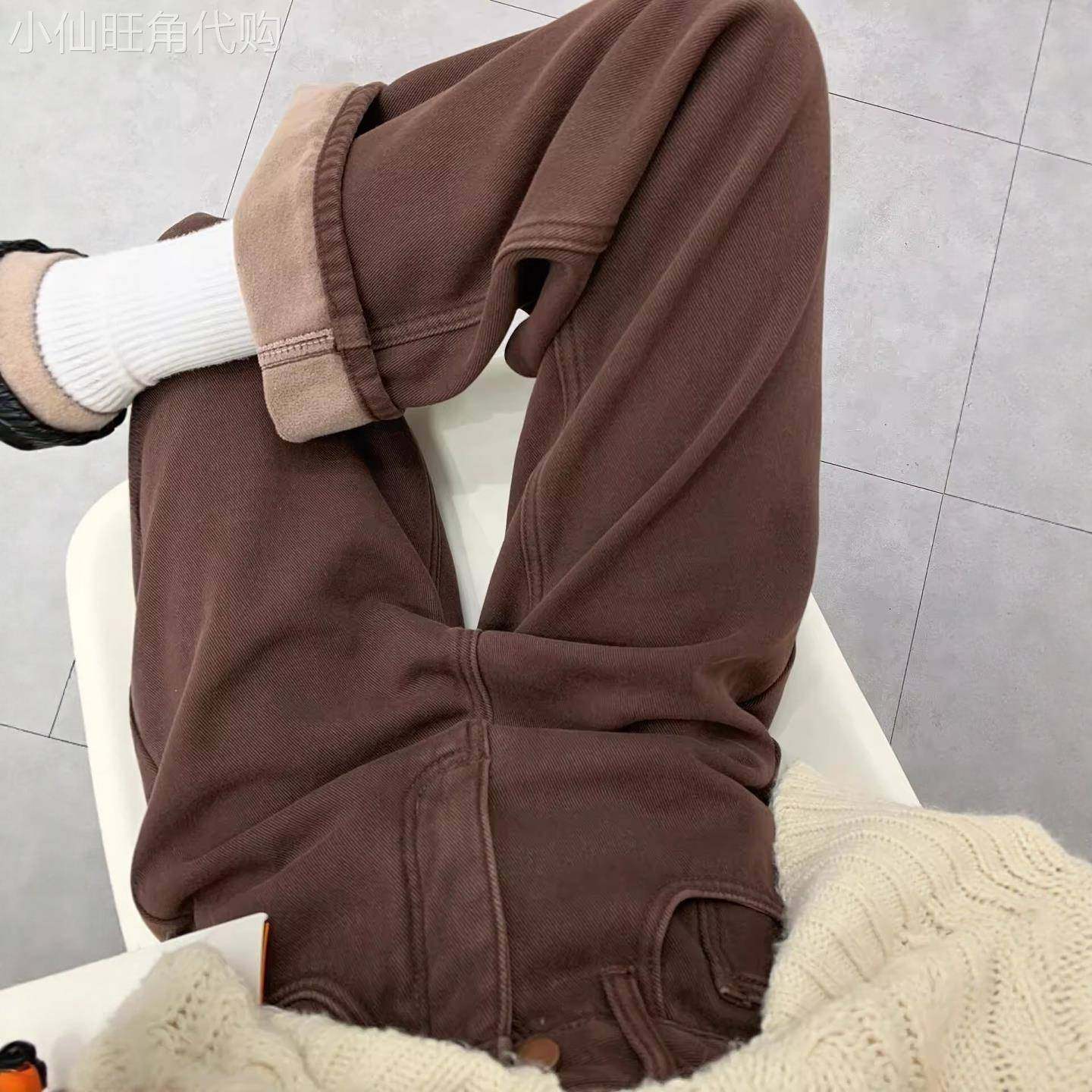 潮牌棕咖色宽松直筒牛仔裤女秋冬季2025年新款加绒百搭窄版阔腿裤