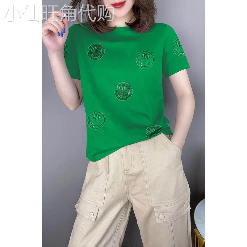 绿色短袖t恤女夏季2026年新款洋派宽松圆领刺绣设计感短款上衣潮