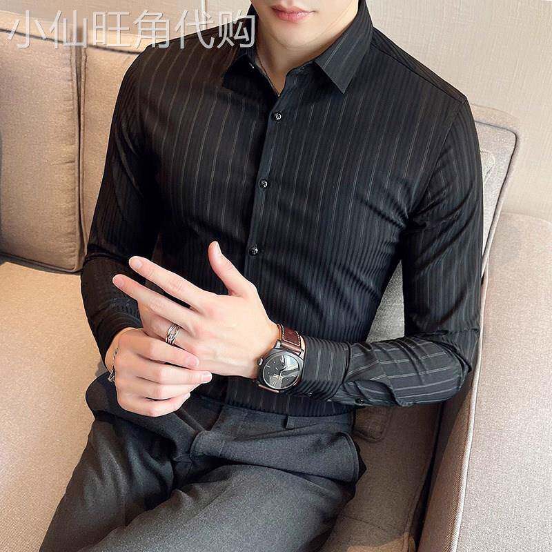 LL男装衬衫男长袖修身高级感商务春夏季休闲条纹高端轻奢痞帅衬衣