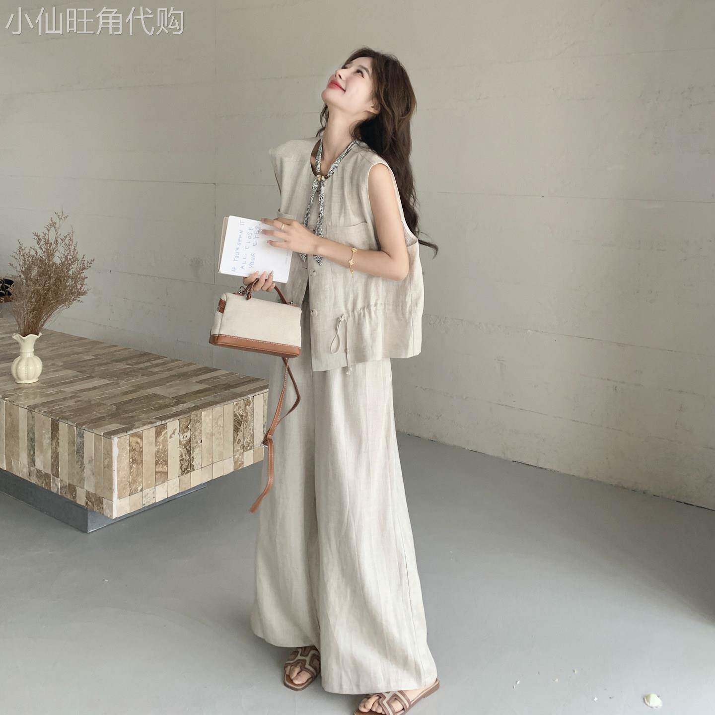 高级松弛感棉麻套装女2026夏季气质复古休闲抽绳马甲阔腿裤两件套