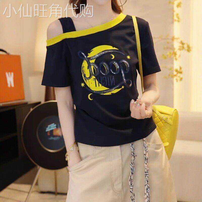 假两件短袖t恤女夏季大尺码遮肚收腰显瘦纯棉高级感斜领露肩上衣