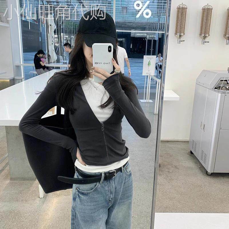 黑色假两件长袖T恤女2025秋冬新款设计感小个子短款辣妹开衫上衣
