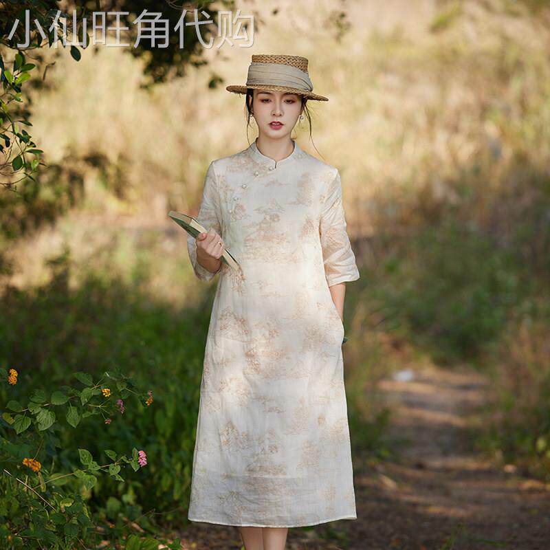刺绣盘扣苎麻改良旗袍年轻款新中式连衣裙中国风女装禅意茶服女夏