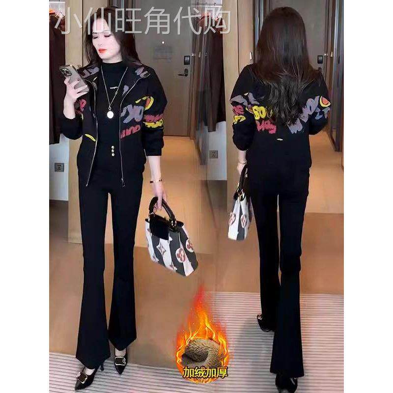 加绒加厚短外套女2025秋冬新款时尚印花宽松休闲夹克棉袄上衣女士