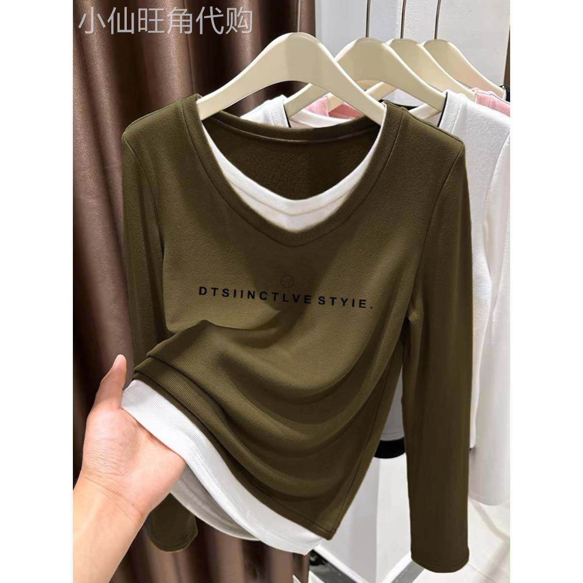 韩国纯棉假两件V领长袖t恤女2025春秋季小众设计感洋气打底衫上衣