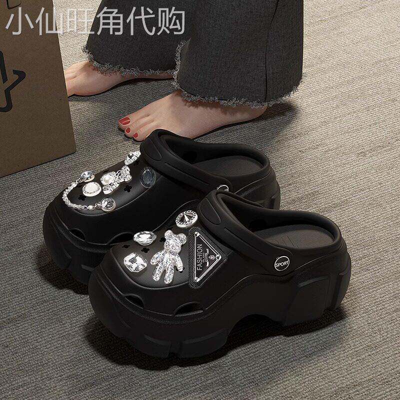 黑色厚底洞洞鞋女2026新款夏季外穿沙滩防滑增高包头凉鞋半拖鞋女