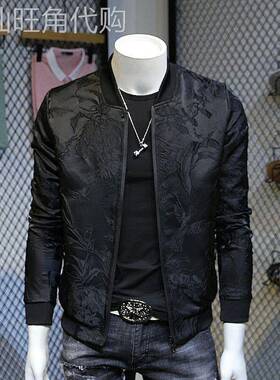 潮牌男士棒球领夹克衫春季款个性提花韩版修身时尚百搭黑色外套男
