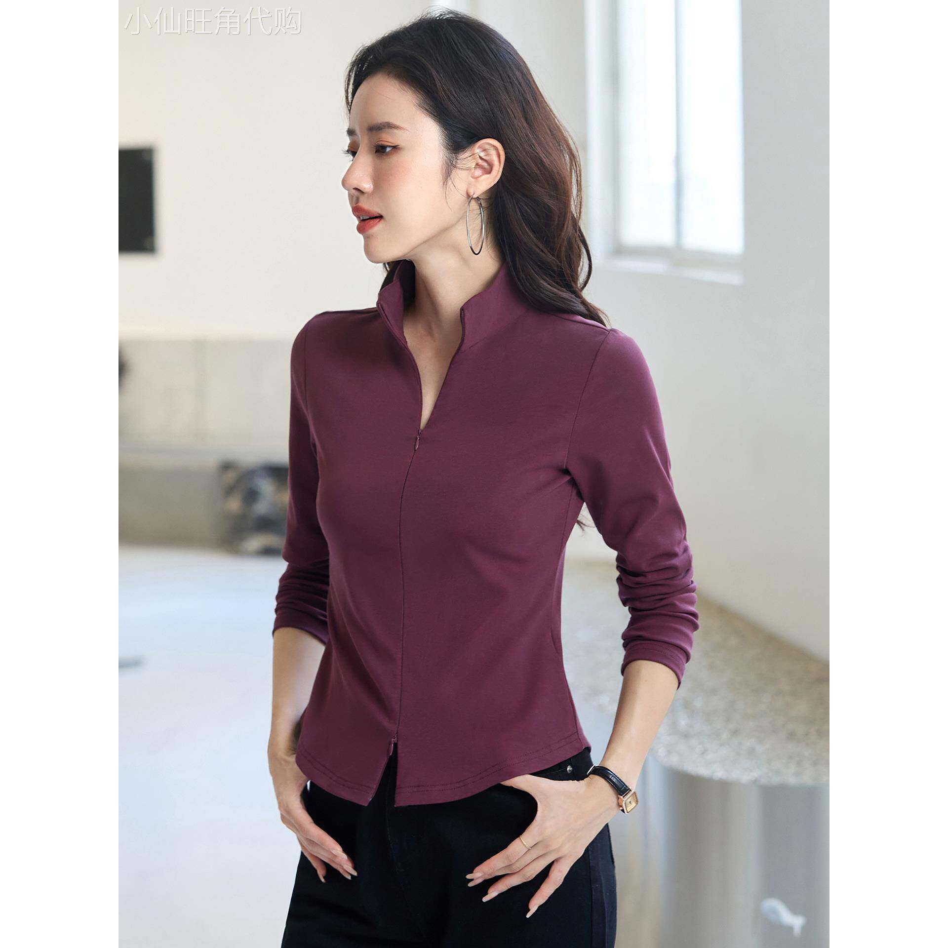 美式纯棉立领正肩长袖t恤女早秋冬修身短款半高领拉炼打底衫上衣