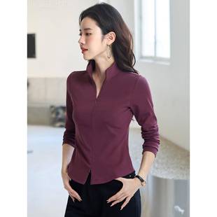 美式纯棉立领正肩长袖t恤女早秋冬修身短款半高领拉炼打底衫上衣