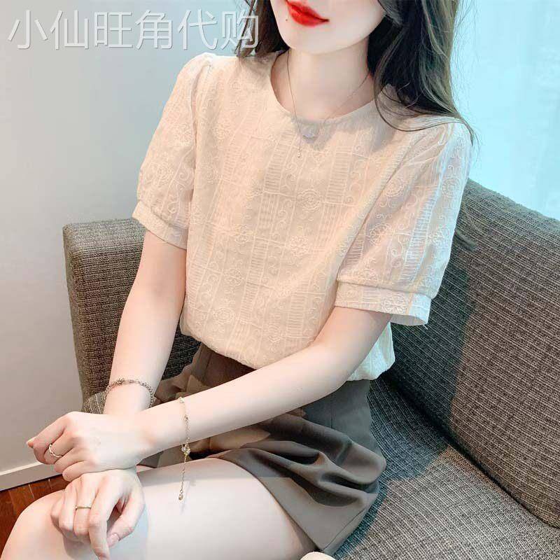 棉麻短袖t恤女2026新款夏季薄款圆领宽松短款时尚洋派泡泡袖上衣