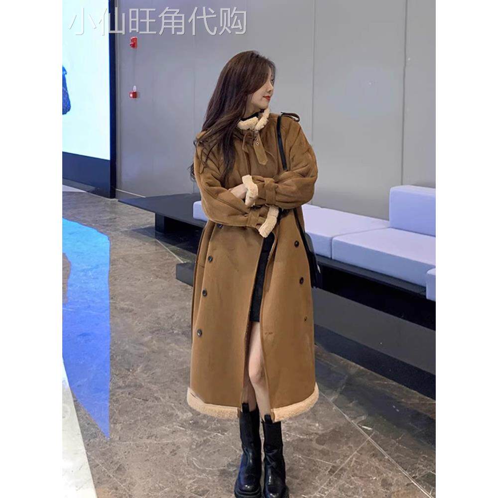 日系冬季新款羊羔毛麂皮绒毛呢外套女中长款加绒加厚皮毛一体大衣