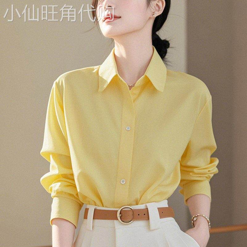 时尚高端轻奢绝美黄色翻领长袖衬衫女秋季款独特百搭通勤职业衬衣