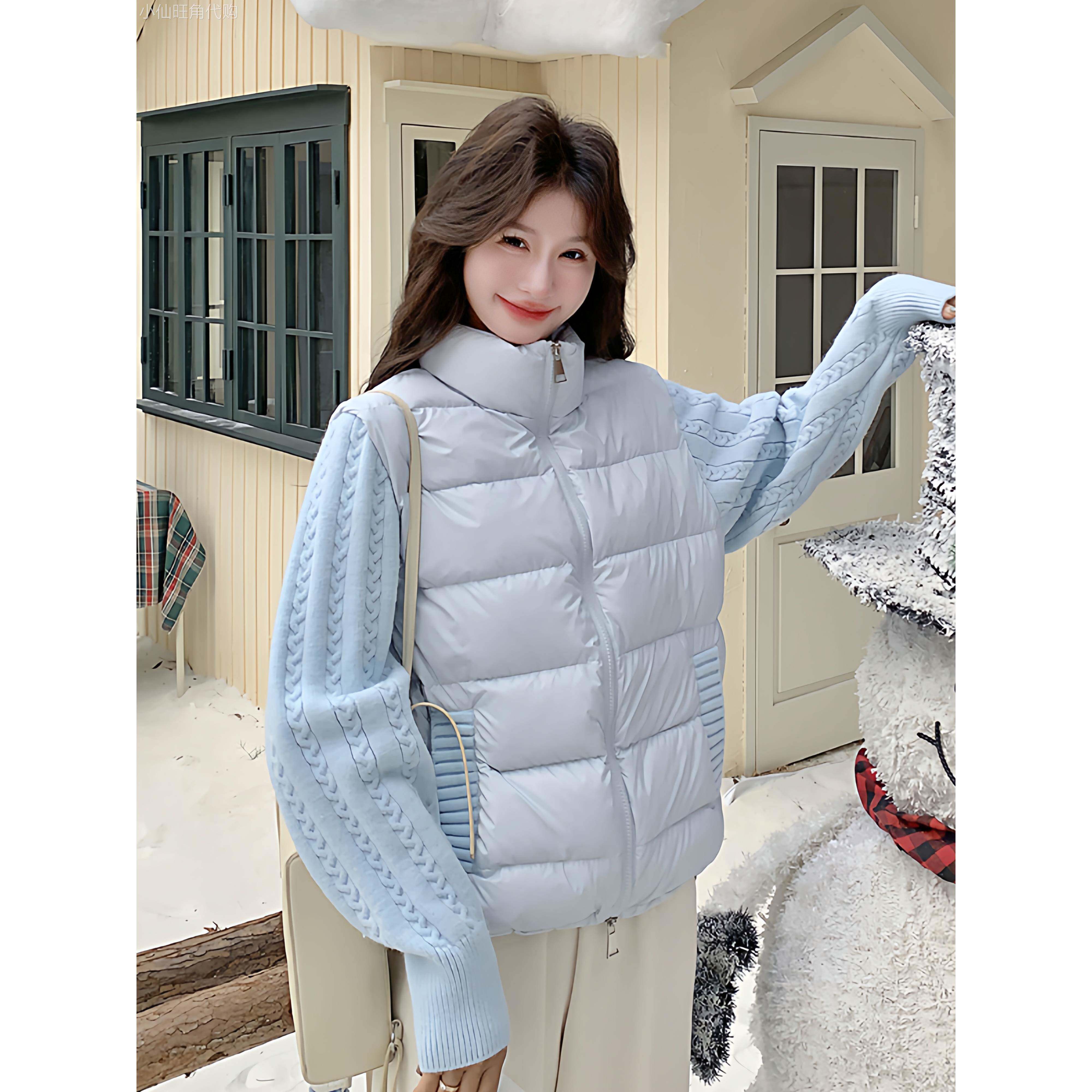浅蓝色针织拼接薄款羽绒服女款冬季2025韩系立领短款90白鸭绒外套