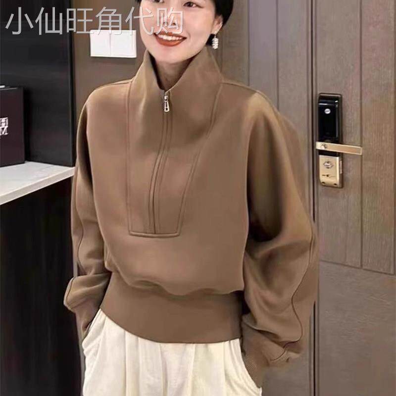 潮牌高级感半拉链加绒加厚卫衣外套女2025秋冬小个子今年流行上衣