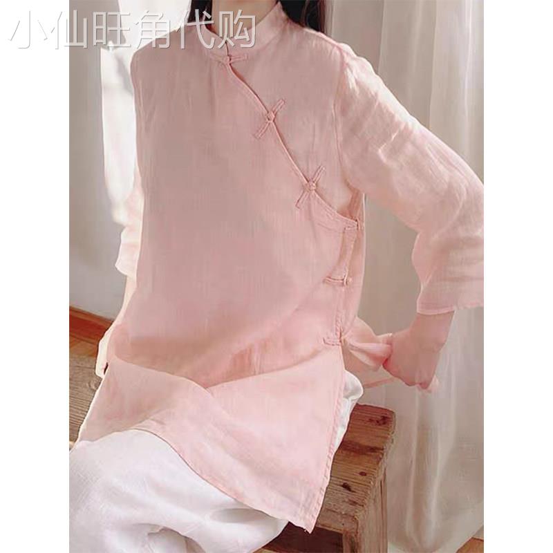 棉麻衬衫女中长版夏季2026新款气质宽松中式斜襟复古盘扣茶服上衣