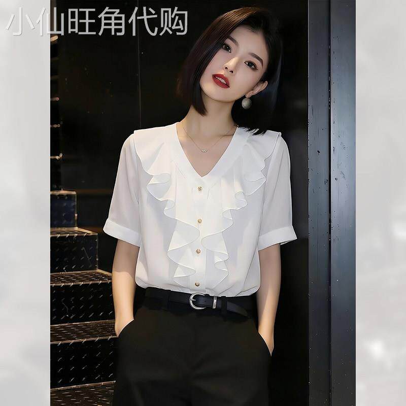 法式V领荷叶边短袖雪纺衫女夏季新款白色显瘦洋气气质上衣小个子
