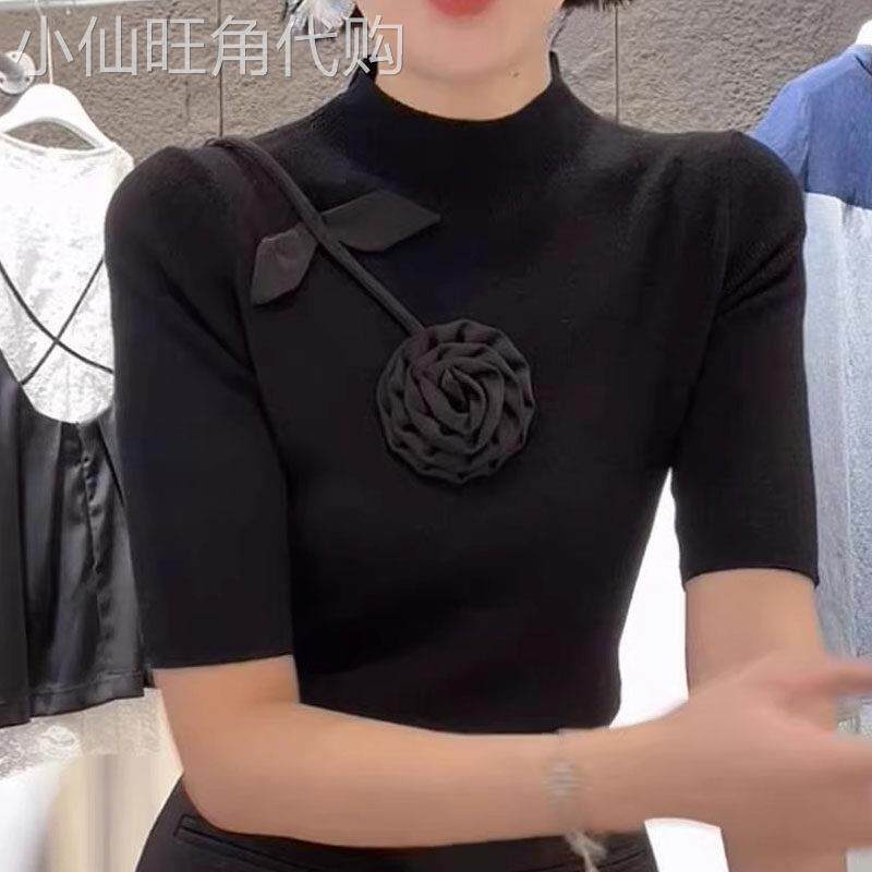 超火黑色半高领玫瑰刺绣针织衫女士夏季欧货设计小众小衫修身上衣
