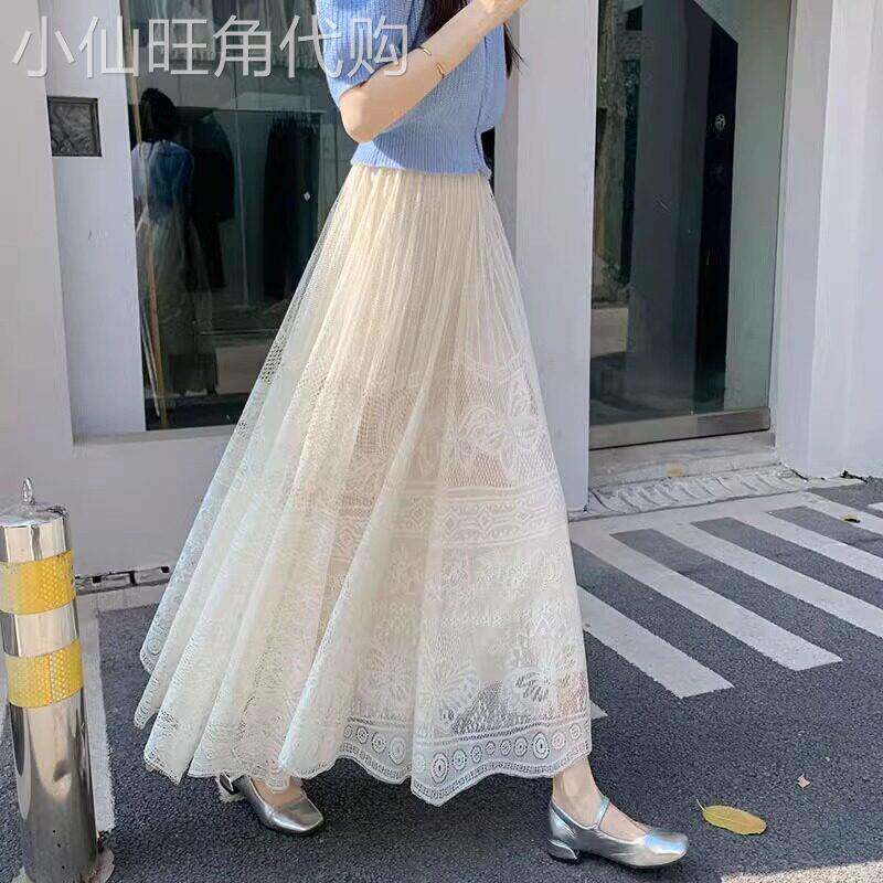 白色半身裙女夏季2026新款a字高腰显瘦气质蕾丝网纱百褶长裙子女