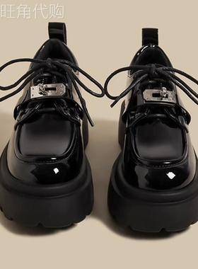 MK&DK.SW厚底乐福鞋女英伦风系带豆豆鞋2025新款春季潮漆色小皮鞋