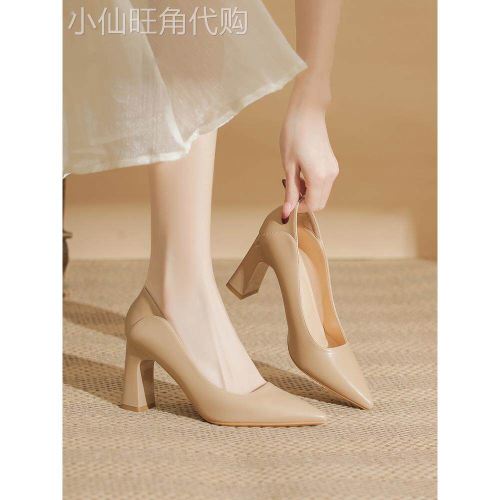 裸色气质粗跟高跟鞋女不累脚2025春秋新款一脚蹬覆古职业工作单鞋